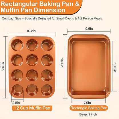 Baking Pans Set 6-Pieces, Non Stick Bakeware Set Stackable, with Cookie Sheet, Muffin, Round/Square Cake Pan, Loaf Pan, Rack, Oven Mitt for Home Baker, Gold