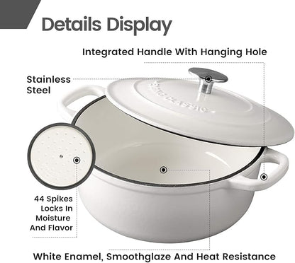 EDGING CASTING Dutch Ovens Enameled Cast Iron Covered 5.5 Quart Dutch Oven with Dual Handle for Bread Baking, White