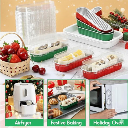 30 Pack 6.8oz Christmas Green Disposable Rectangular Aluminum Foil Mini Loaf Pans with Lids,Mini Cake Pans for Baking, Loaf Baking Pans, Small Individual Containerfor for Patrick’s Day Party Picnics