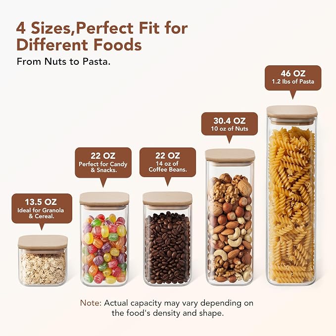 GENICOOK Square Glass Pasta Storage Containers, Set of 5, Pantry Organization & Storage Jars with Bamboo Lids, Stackable Borosilicate Kitchen Canisters for spaghetti, Sugar, Coffee, and Cereal