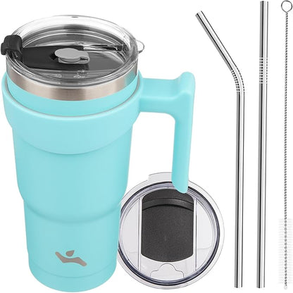 Konokyo 20 oz Tumbler with Handle and 2 Straw 2 Lid, Insulated Water Bottle Stainless Steel Vacuum Cup Reusable Travel Mug,Turquoise