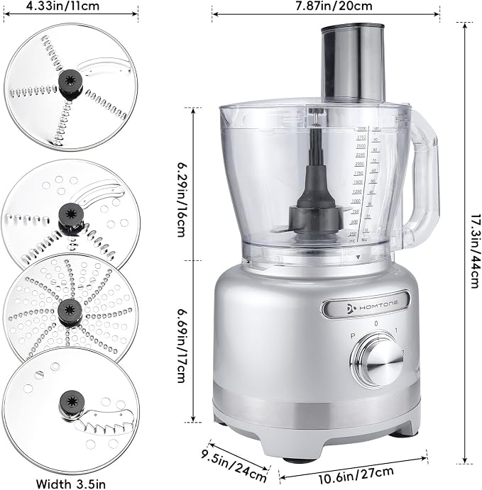 Homtone 16 Cups Food Processor, Large Food Chopper with French Fry Cutter, 9 Functions 7 Blades for Shredding, Slicing, Doughing for Home Use, 3 Speeds, 600W