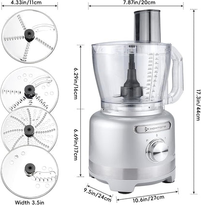 Homtone 16 Cups Food Processor, Large Food Chopper with French Fry Cutter, 9 Functions 7 Blades for Shredding, Slicing, Doughing for Home Use, 3 Speeds, 600W