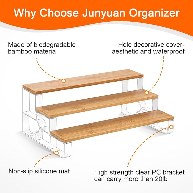 junyuan Spice Rack Organizer for Cabinet,3 Tier Spice Organization for Kitchen,Bathroom Organizers and Storage,Seasoning Countertop Shelf,Bamboo Display Shelves Racks,Clear 14"