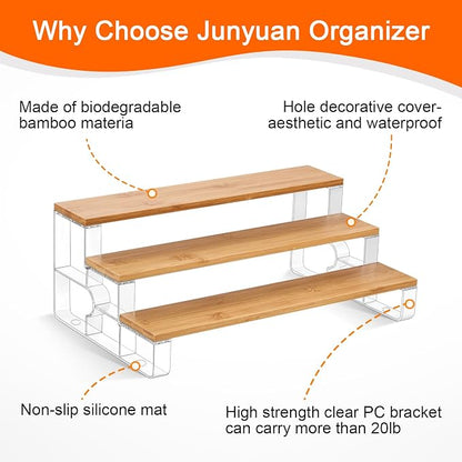 junyuan Spice Rack Organizer for Cabinet,3 Tier Spice Organization for Kitchen,Bathroom Organizers and Storage,Seasoning Countertop Shelf,Bamboo Display Shelves Racks,Clear 14"