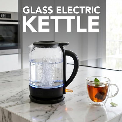 OVENTE Electric Kettle with 1.5L Borosilicate Glass, 1500W Fast Boiling Water Heater for Coffee or Tea, Easy to Fill Lid, Auto Shut-Off, Boil-Dry Protection & Stainless Steel Filter, Black KG516B