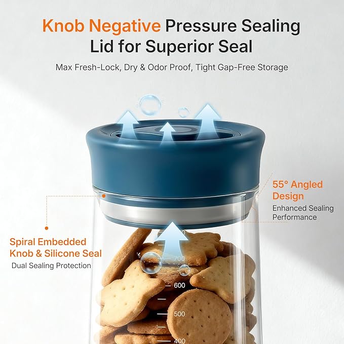 Airtight Food Jar with Blue Rotary Lid, 27oz Borosilicate Food Storage Canisters with Measurement Marks, Wide Mouth Pantry Jar for Kitchen, Counter, Coffee Beans, Oats, Cereal, Pasta, Cookie