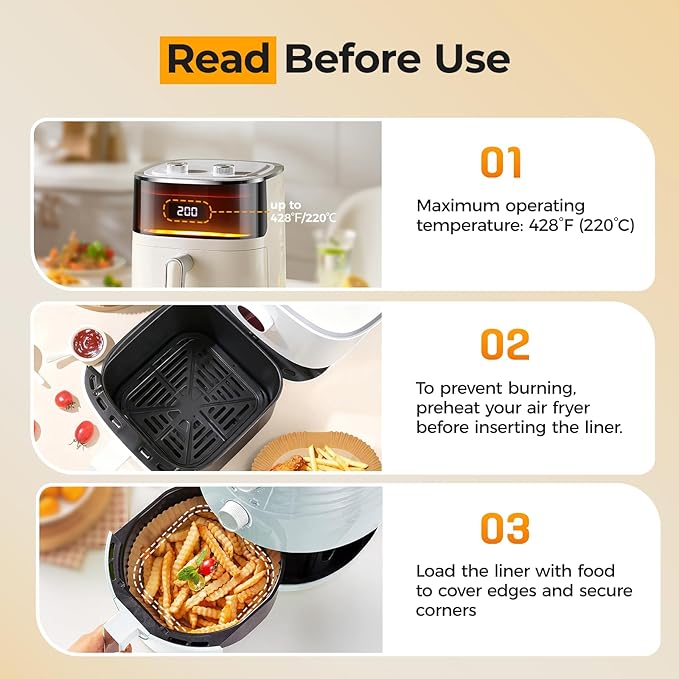 Vailnd 9inch Square Air Fryer Disposable Paper Liners, 125PCS Non-Stick Food Grade Parchment Paper, Oil Resistant, Waterproof, Food Grade Baking Paper for 10-12 QT Air Fryer Microwave
