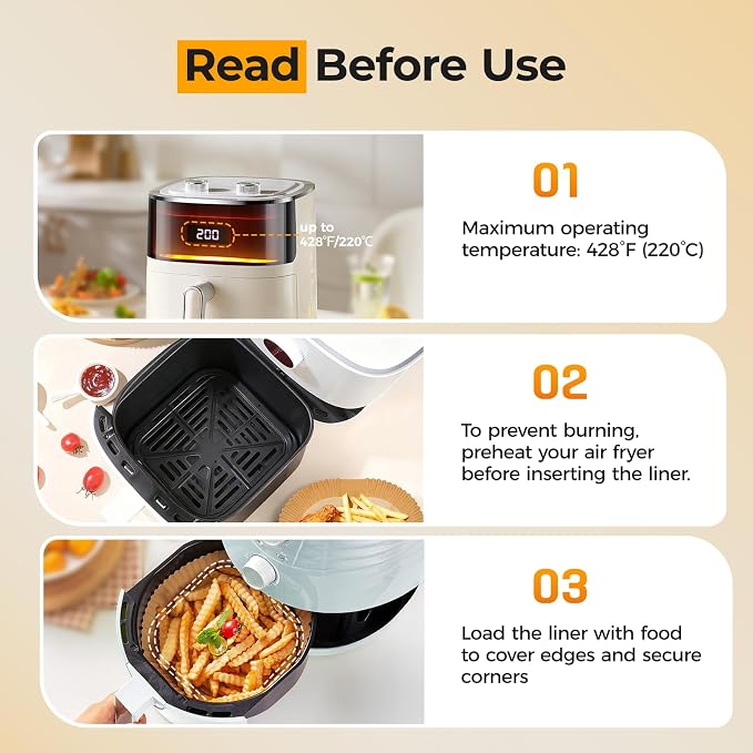 Vailnd Air Fryer Liners Disposable, 100Pcs 9 Inch Max Xl Large Cooker Airfryer Paper Liners, Oil Proof Parchment Sheets Square Basket Baking Liner for 10/11/12 QT Air Fryer Microwave