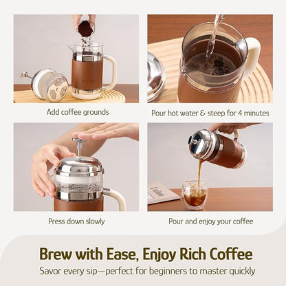 Hazel Quinn French Press Coffee Maker, 450ml / 15oz, Heat-Resistant Borosilicate Glass, 304 Stainless Steel, BPA-Free, Easy to Clean, Precision Filtration for Coffee & Tea