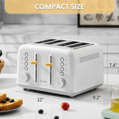 BUYDEEM DT640 4-Slice Toaster, 7 Shade Settings, Extra Wide 1.5’’ Slots for Bagel & English Muffin, 6 Toasting Functions, Retro Stainless Steel Toaster with High Lift Lever, 1800W, Arctic White