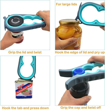 Jar Opener for Weak Hands, 5 in 1 Bottle Opener for Seniors with arthritis | Multifunction Lid Opener, Open Difficult Jars Bottles and Ring Pull Cans Effortlessly, Ergonomic Design, Included Gripper Pad