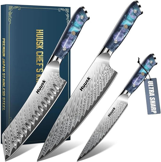 Huusk Japanese Knife Set 3 PCS - Stainless Chef Knife Set with Sheath & Ergonomic Resin Handle, Hand Sharpened Full Tang Professional Kitchen Knives for All Purpose, Fathers Day Gift Idea for Men Dad