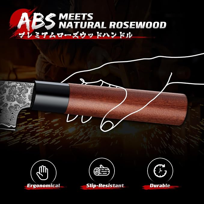 Huusk Japanese Chef Knife 7-Inch - Hand Forged Butcher Knife for Meat Cutting, VG10 Damascus Gyuto Chef Knives with Rosewood Handle, Meat Cleaver Boning Knife for Kitchen Cooking, Gifts for Men