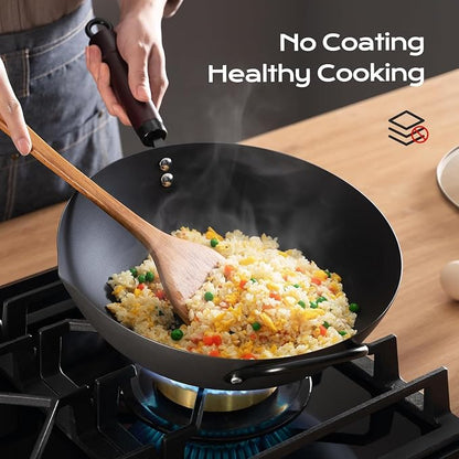 Wok, 13 Inch carbon steel woks & stir-fry pans nonstick, Pre-Seasoned 5.8QT Flat Bottom Chinese Wok Paella Pan with lid, Carbon Steel Cookware, Compatible with All Cooktops