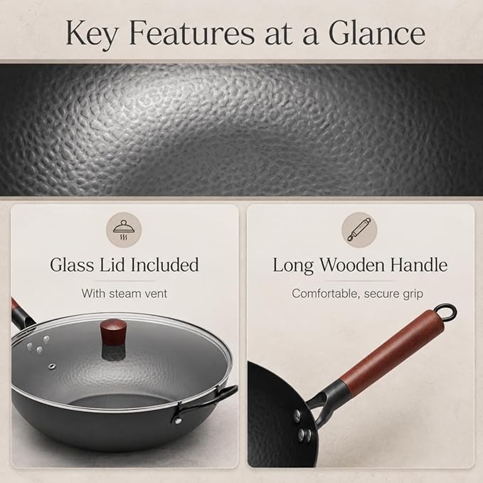 WANGYUANJI 13.4"(34cm) Carbon Steel Wok Pan with Lid,Large Flat Bottom Stir Fry Pan for Electric,Induction & Glass Top Stoves, High Stability No-Wobble Design, Lightweight Chinese Cookware, 4-6 People