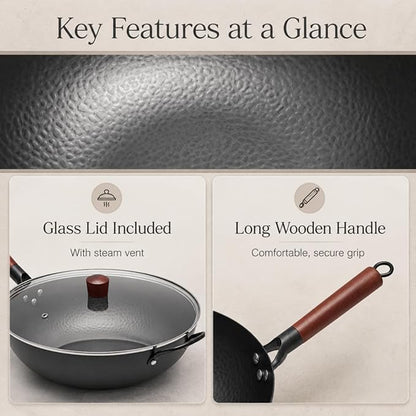 WANGYUANJI 13.4"(34cm) Carbon Steel Wok Pan with Lid,Large Flat Bottom Stir Fry Pan for Electric,Induction & Glass Top Stoves, High Stability No-Wobble Design, Lightweight Chinese Cookware, 4-6 People
