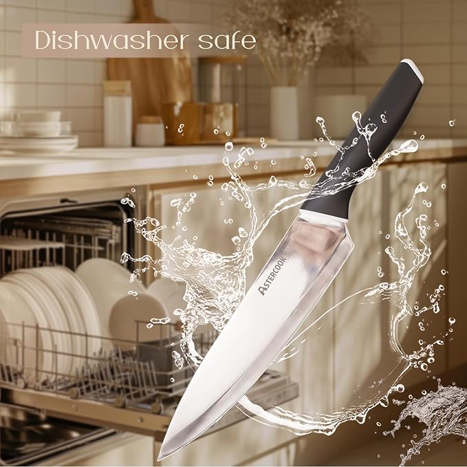 Astercook Knife Set, Kitchen Knives with Block and Sharpener 15 Pcs German Stainless Steel Knives Sharp Blade Dishwasher Safe Deba Knives with Ergonomic Handle, Elegant Black