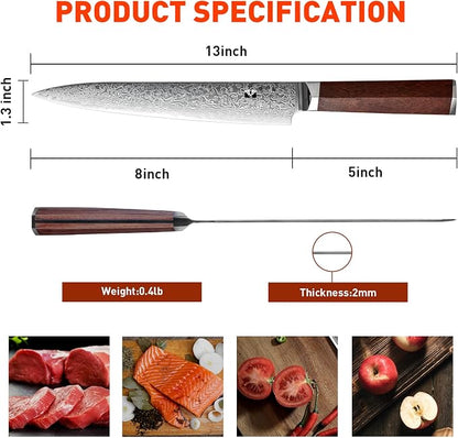 Slicing Knife 8 inch Damascus VG-10 Super Steel 67-Layer Damascus Slicing Carving Knife with Hexagon Natural Wood Handle for Beautiful Thin Slices of Pork, steak, brisket, and Poultry