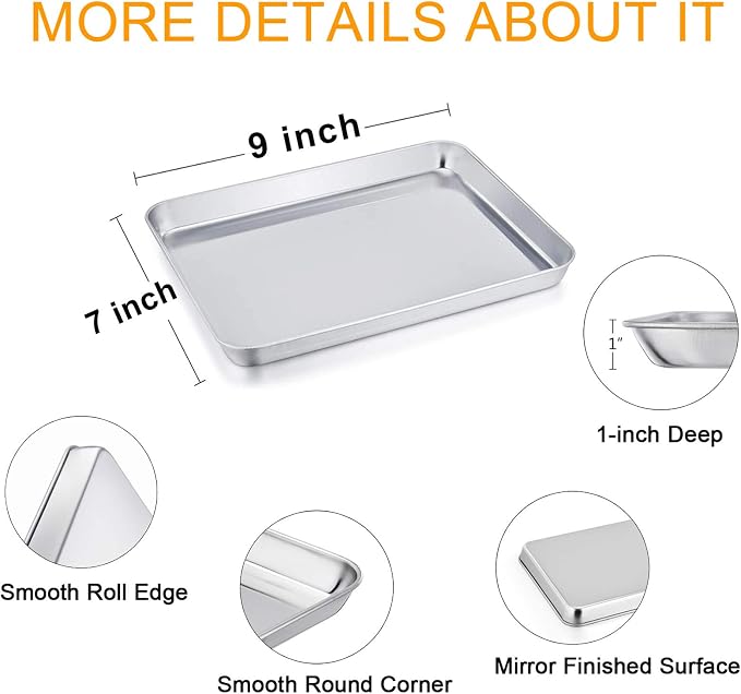 TeamFar 9'' x 7'' x 1'' Toaster Oven Pan with Rack Set of 4, Stainless Steel Compact Toaster Ovenware Pan with Cooling Rack, Healthy & Heavy Duty, Easy Clean & Dishwasher Safe, (2 Pans + 2 Racks)
