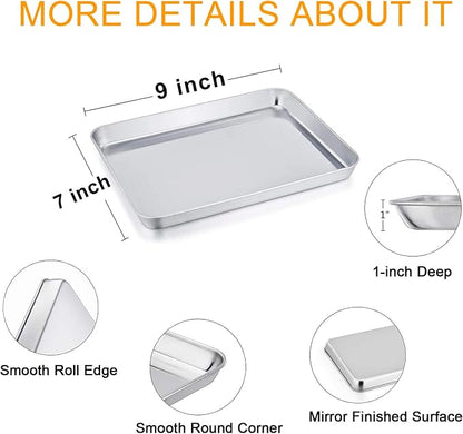 TeamFar 9'' x 7'' x 1'' Toaster Oven Pan with Rack Set of 4, Stainless Steel Compact Toaster Ovenware Pan with Cooling Rack, Healthy & Heavy Duty, Easy Clean & Dishwasher Safe, (2 Pans + 2 Racks)