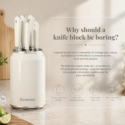 Astercook 6-Piece Kitchen Knife Set with Soda Can-Inspired Block, Full Tang High Carbon Stainless Steel Knives, Retro Cream Design, Dishwasher Safe Knife Sets & ABS Handles - Perfect Kitchen Gifts