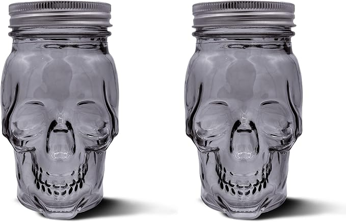 DURA LIVING Set of 2 Skull Mason Jar Glasses with Lids | 16oz Reusable Halloween Drinking Glasses | Unique Skull Décor, Storage, & Canning Jars for Parties & Gifts