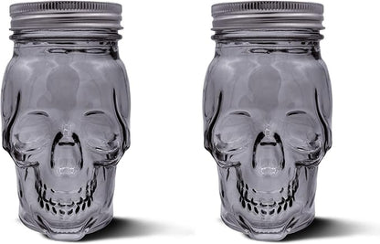 DURA LIVING Set of 2 Skull Mason Jar Glasses with Lids | 16oz Reusable Halloween Drinking Glasses | Unique Skull Décor, Storage, & Canning Jars for Parties & Gifts