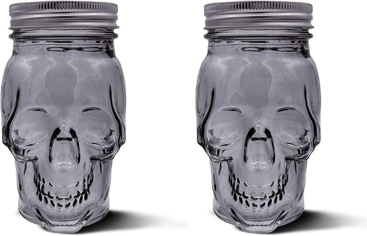 DURA LIVING Set of 2 Skull Mason Jar Glasses with Lids | 16oz Reusable Halloween Drinking Glasses | Unique Skull Décor, Storage, & Canning Jars for Parties & Gifts