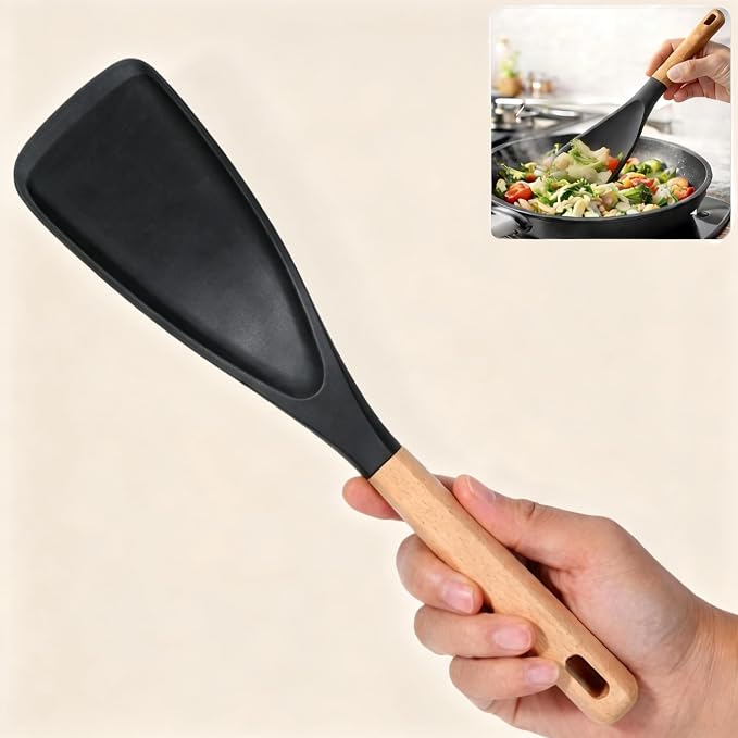 Cooking Spoon for Nonstick Cookwares,Cedar and Ash Spoon, Multifunction Spatula Cooking Spoon, Perfect Silicone Spoon for Mixing, Scoop, and Scrape(BLACK)
