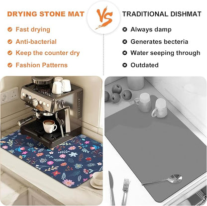 LOKHOM Dish Drying Mat for Kitchen Counter, 18"x24" Absorbent Coffee Bar Mat with Colorful Floral, Vintage Dish Drainer Rack Mat
