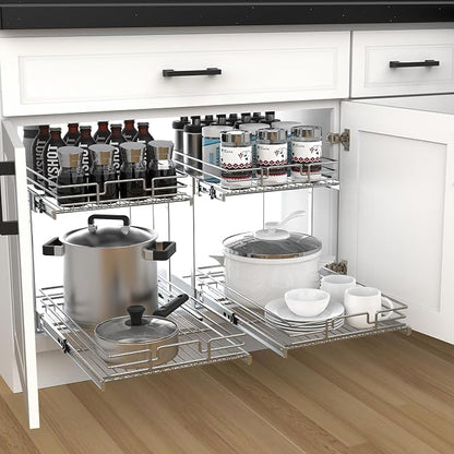2 Tier Pull Out Cabinet Organizer, 23" W x 21" D Heavy-Duty Metal Sliding Drawer Shelf for Kitchen Cabinets, Chrome, Doesn't Include Door Fittings