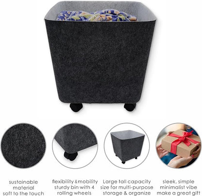 Welaxy large tall rolling Storage basket with wheels Mobile Office Felt open Bin for backpack Toys Pet Books Clothes throw blanket organize Closet Bathroom Pantry Kitchen (Charcoal)