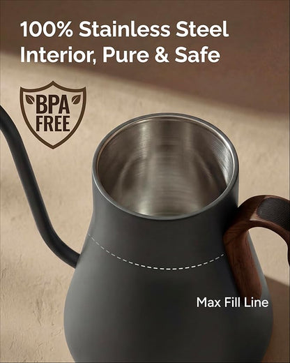 INTASTING Gooseneck Electric Kettle with Precise ±1℉ Temperature Control, Wood-Accented Handle, Stainless Steel Interior, Quick Heating Pour Over Kettle for Coffee & Tea, 0.9L, Matte Grey