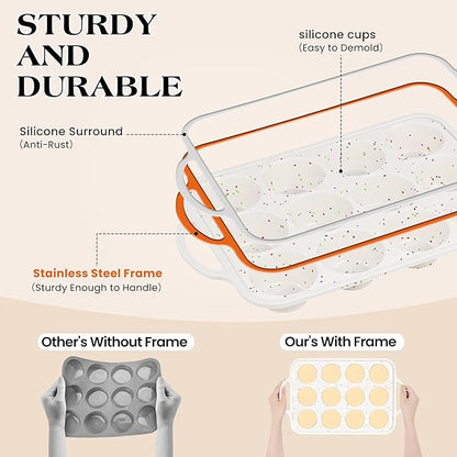 2 Pcs Silicone Muffin Pan with Metal Frame Nonstick 12 Cup Regular Size Cupcake Pan Silicone Muffin Tray for Baking Egg Bites Muffins Cupcakes Gifts for Mom Home Baker Kitchen (Cream)