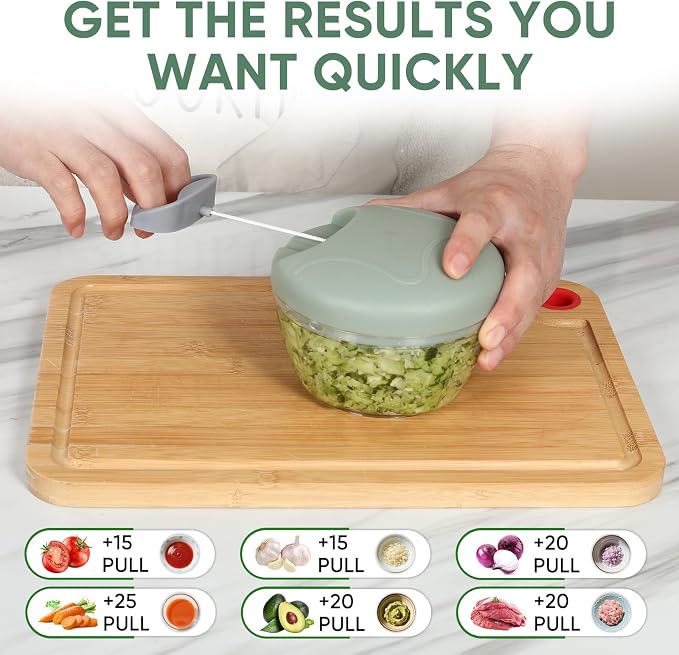 LGURT Garlic Chopper with Container, Manual Food Chopper Pull-String, Vegetable Onion Mincer, Hand Food Processor, Kitchen Cutter for Chili Ginger Herb Seasoning, Green 500ml