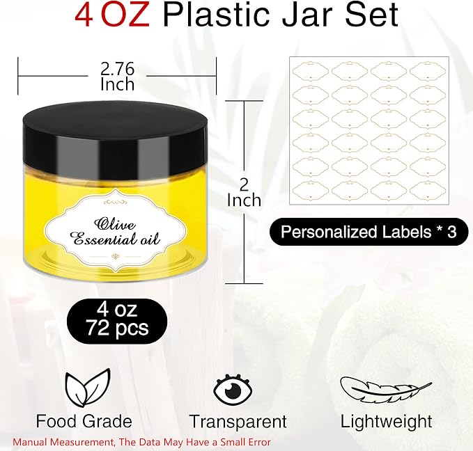PeacePeo Plastic Jars with Lids, 4 OZ Slime Containers 72 Pcs Empty Clear Plastic Jars Refillable Plastic Cosmetic Containers with Screw On Lids for Kitchen Use Lotions & Beauty Products