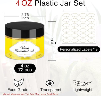 PeacePeo Plastic Jars with Lids, 4 OZ Slime Containers 72 Pcs Empty Clear Plastic Jars Refillable Plastic Cosmetic Containers with Screw On Lids for Kitchen Use Lotions & Beauty Products