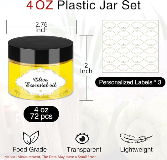 PeacePeo Plastic Jars with Lids, 4 OZ Slime Containers 72 Pcs Empty Clear Plastic Jars Refillable Plastic Cosmetic Containers with Screw On Lids for Kitchen Use Lotions & Beauty Products