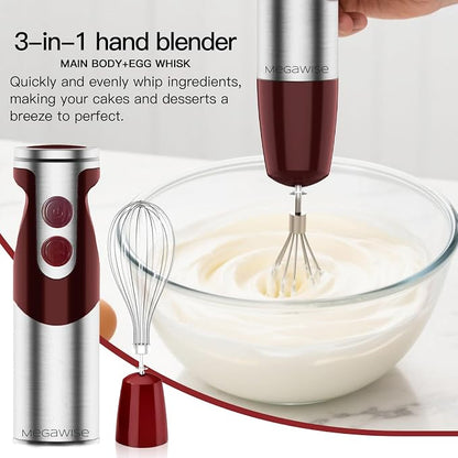 Megawise 3- in-1 Immersion Hand blender, Powerful MOTOR & Stainless Steel Stick Blender, 4 Sharp Blades with Whisk, Milk Frother Attachments