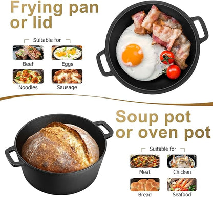 TeamFar Pre-season Cast Iron Dutch Oven with Skillet Lid, 2-in-1 Cast Iron Bread Pan Skillet Cookware with Dual Handles for Bread Baking, Frying, Camping, 5QT