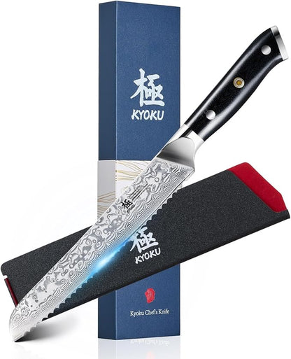 KYOKU 8" Serrated Bread Knife - Gin Series - VG10 Damascus Japanese Style Steel Kitchen Knife with Silver Ion Blade G10 Handle Mosaic Pin, Professional Razor-Sharp Bread Cutting Slicing