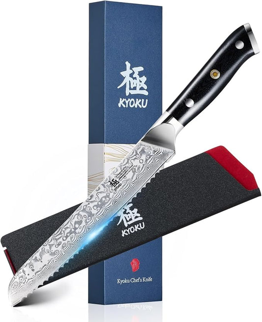 KYOKU 8" Serrated Bread Knife - Gin Series - VG10 Damascus Japanese Style Steel Kitchen Knife with Silver Ion Blade G10 Handle Mosaic Pin, Professional Razor-Sharp Bread Cutting Slicing