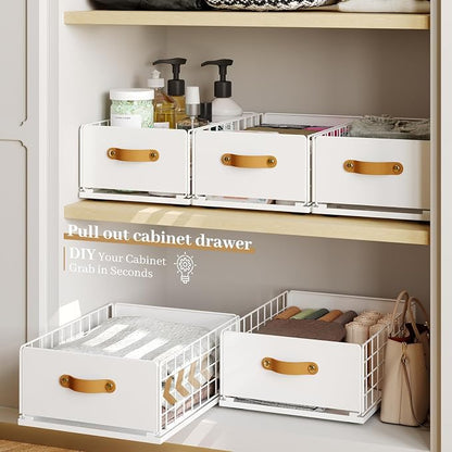 Pull Out Cabinet Organizer, No-Drill Pantry Drawers, Slide Out Shelves with Bamboo Risers for Lipped Cabinets,Ideal for Kitchen, Bathroom & Under Sink Storage (White, 9.8" Wide-15.7" Deep)