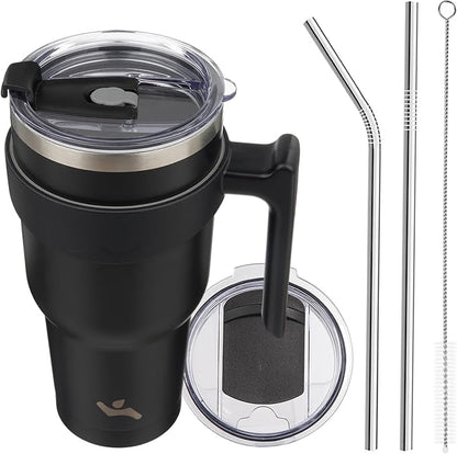 Konokyo 40 oz Tumbler with Handle and 2 Straw 2 Lid, Insulated Water Bottle Stainless Steel Vacuum Cup Reusable Travel Mug,Black