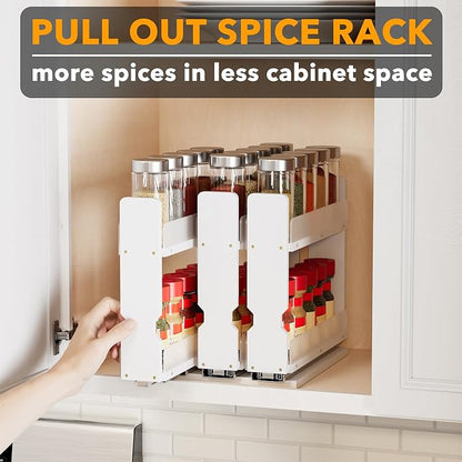 SpaceAid Bamboo Pull Out Spice Rack Organizer for Cabinet, Heavy Duty Slide Out Seasoning Kitchen Pantry Sliding Vertical Organization, 7.6" Wide, 3 Drawers(2" Wide), 2-Tier, White