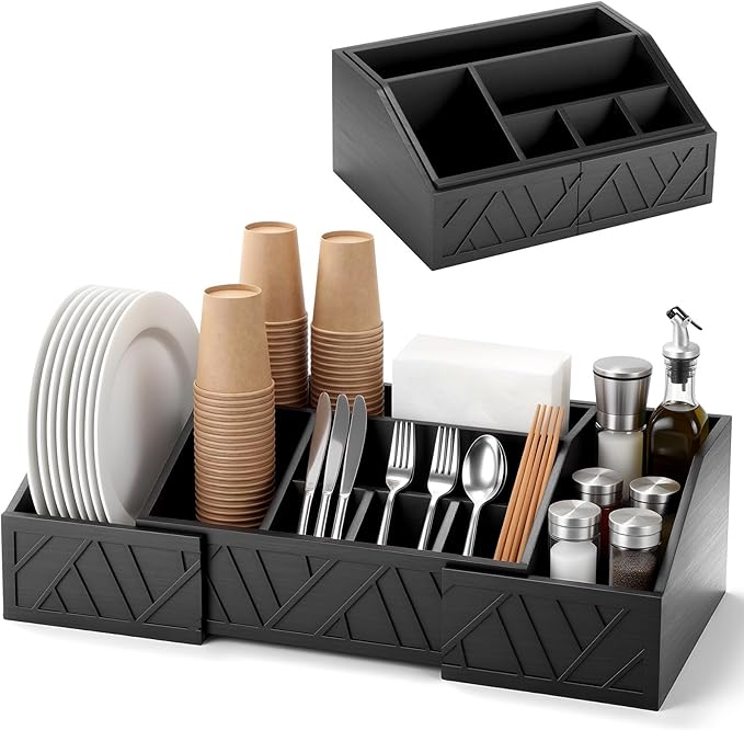 Paper Plate Dispenser Extendable, Paper Plate Holder for Kitchen Counter Wood Silverware Utensil Caddy Cutlery Flatware Organizer Box for Cups Spoons Forks Kitchen Accessories(Black)