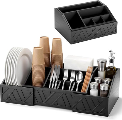 Paper Plate Dispenser Extendable, Paper Plate Holder for Kitchen Counter Wood Silverware Utensil Caddy Cutlery Flatware Organizer Box for Cups Spoons Forks Kitchen Accessories(Black)
