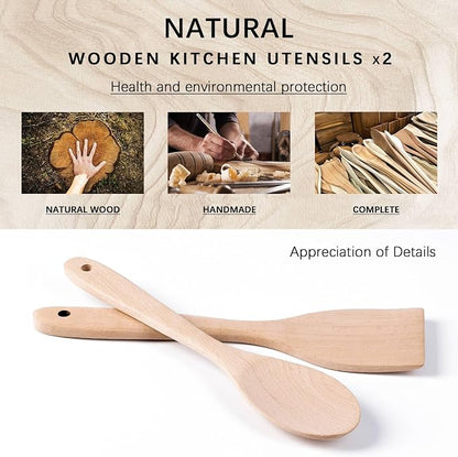 2pcs Wooden Spatula Spoon for Cooking, Thicker 12inch Uncoated Beech Wood Turners for Frying, Non-Scratch Flat Spurtle for Pan & Wok, Cooking Utensils for Non Stick Cookware,Long Handle Scraper