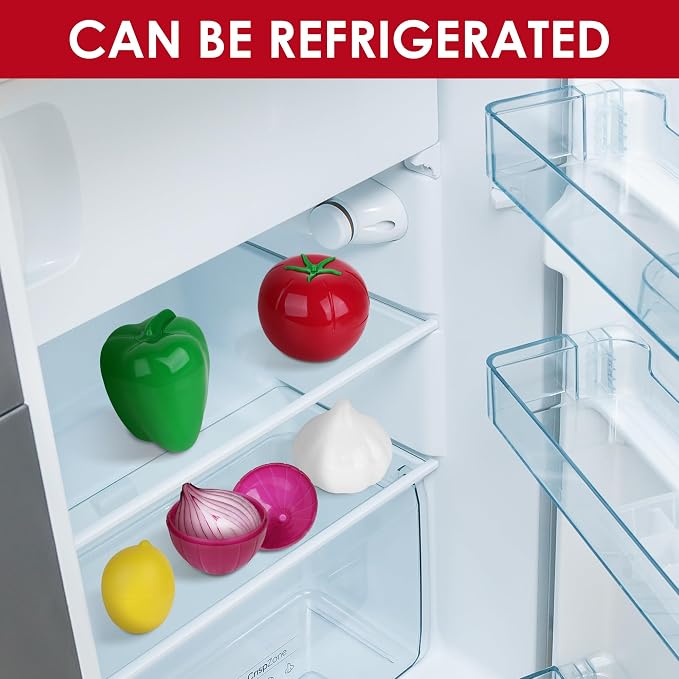 LUWOO 5Pcs Fruit and Vegetable Savers, Stays Fresh Longer for Onion Tomato Green Pepper Garlic Lemon Food Container Box, Reusable Storage Holder for Fridge Refrigerator